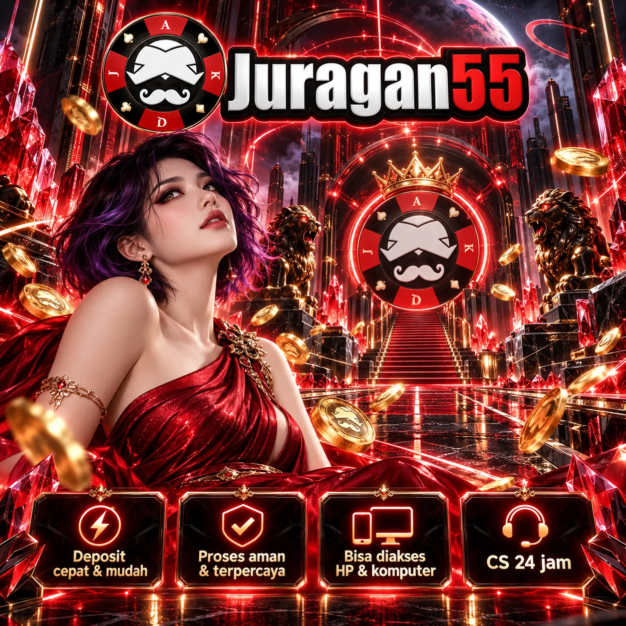 Banner JURAGAN55 untuk Ruang Santai, tema merah hitam dan ilustrasi game digital